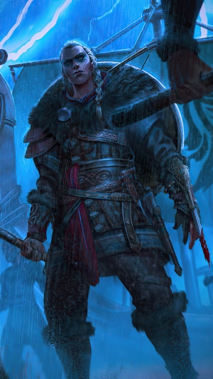 Eivor from Assassin's Creed Valhalla in the rain