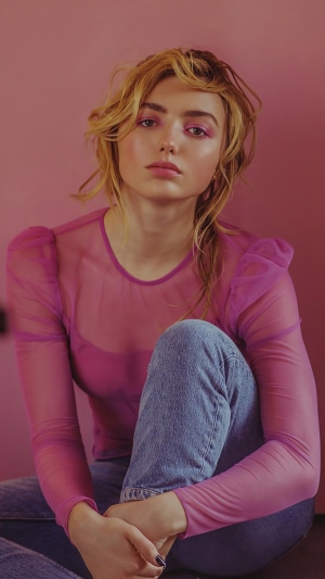 Peyton List in Pink Sheer Top and Jeans