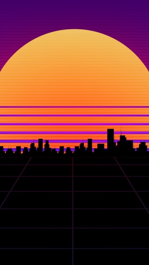 Retrowave cityscape with a large sun