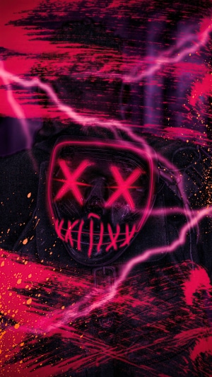 Person wearing a red LED mask with 'X' eyes