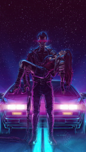 Retrowave artwork of a cyborg carrying a woman
