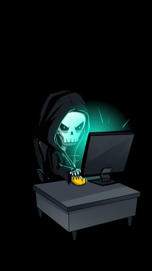 Skull Hacker in Hoodie at Computer