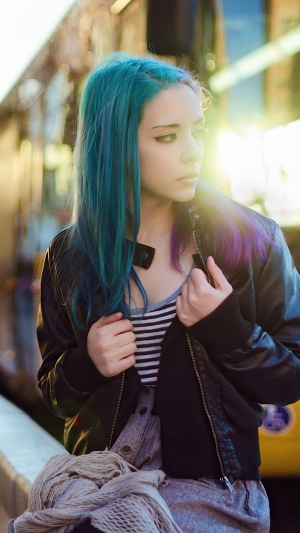 Model with blue and purple hair