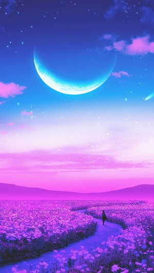 Digital art of a person walking through a lavender field under a crescent moon