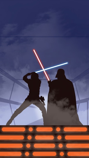 Luke Skywalker and Darth Vader fighting with lightsabers