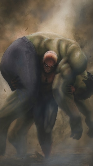 Spider-Man carrying Hulk