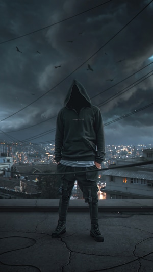 Anonymous figure in hoodie on rooftop with city background