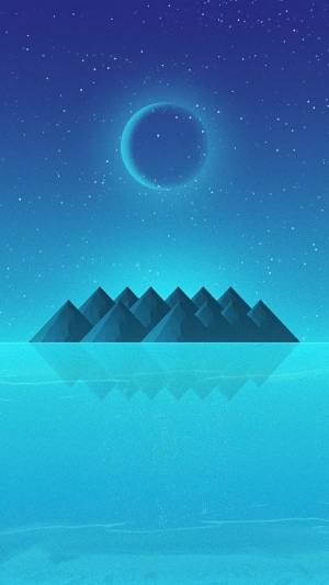 Minimalist digital art of pyramids on an island under a starry sky