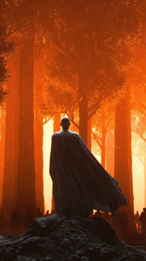 Figure in a cape in a fiery forest