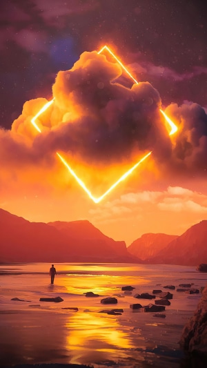 Man walking towards glowing diamond in clouds over lake