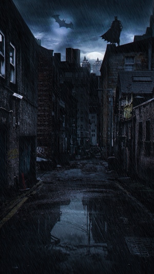 Batman in a rainy Gotham alleyway with bat signal