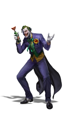 The Joker holding a bottle with a smiling mouth