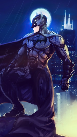 Batman standing on a rooftop in Gotham City