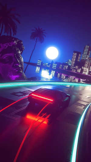 Retrowave Digital Art with Neon Cityscape and Statue