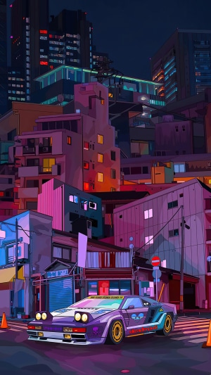 Sci-fi car artwork in a city at night