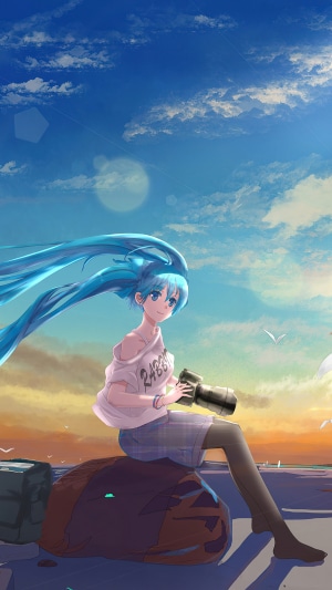 Hatsune Miku with Camera by the Sea at Sunset