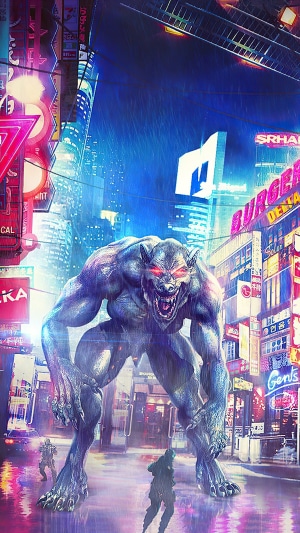 Werewolf creature in a neon-lit city street