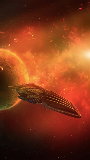 Alien spaceship near a planet in space