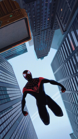 Spider-Man (Miles Morales) flying between skyscrapers