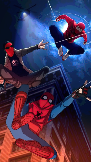 Spider-Man characters swinging through a city at night