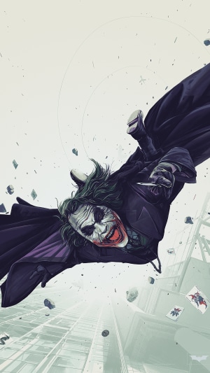 The Joker falling from a building with cards