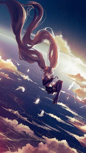 Hatsune Miku falling through clouds with birds
