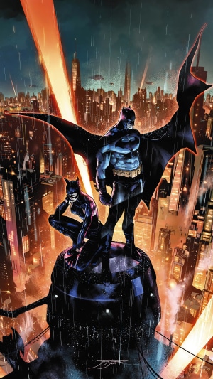 Batman and Catwoman on a rooftop in Gotham City