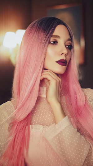 Woman with pink hair and dark lipstick