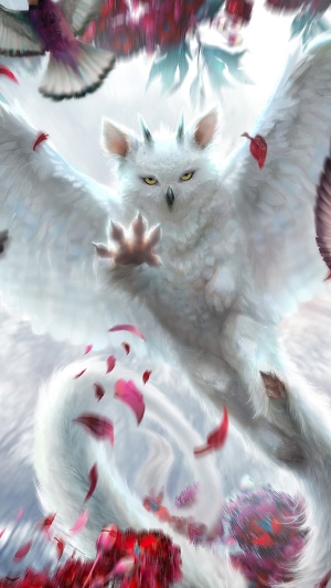 White owl creature with wings and tail, falling petals