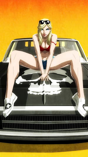 Woman in bikini sitting on car hood with skull
