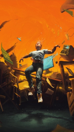 Man falling amidst debris and office supplies