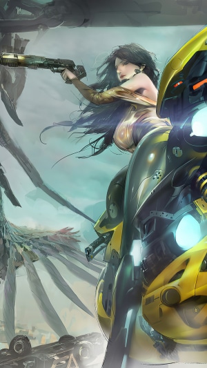 Woman with gun on a futuristic vehicle