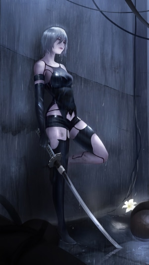 2B from Nier: Automata in the rain