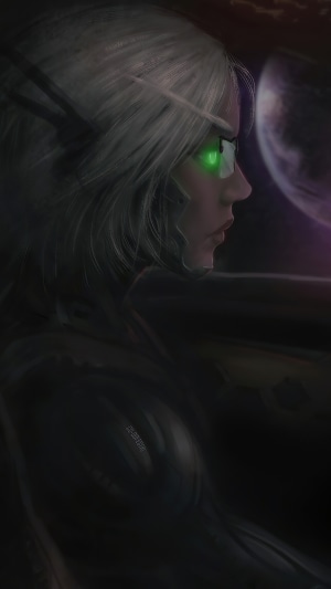 Artwork of a woman with green eyes and white hair