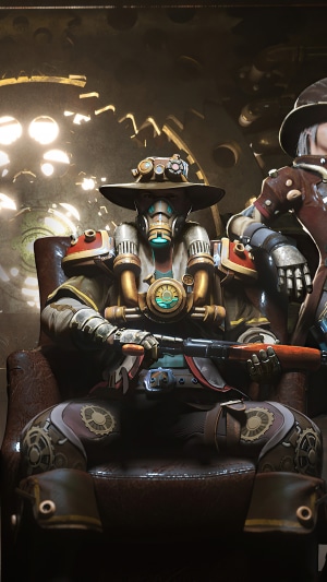 Steampunk character with rifle in a chair