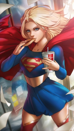 Supergirl eating a donut and drinking from a cup