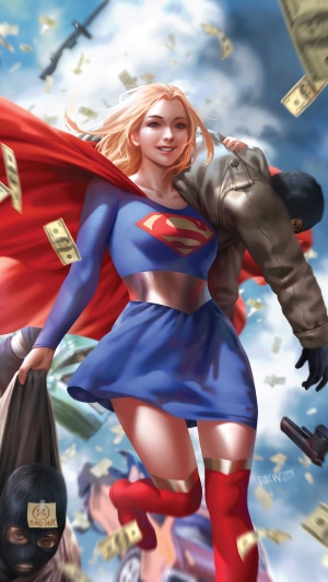Supergirl carrying a criminal with money falling