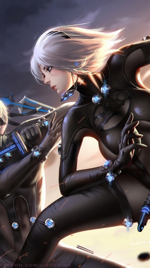 Artwork of two female warriors in black suits