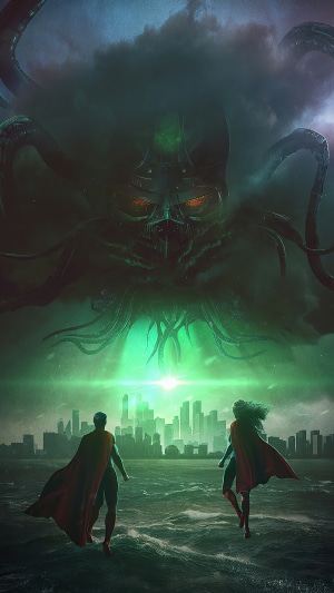 Superman and Supergirl face a giant cosmic entity over a city