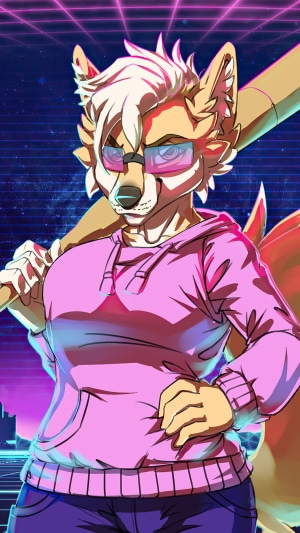Fox with baseball bat in retrowave art