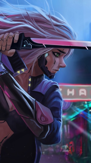 Cyborg woman with pink-bladed sword in cyberpunk city