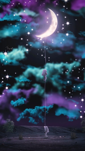 Astronauts hanging from a rope attached to the moon