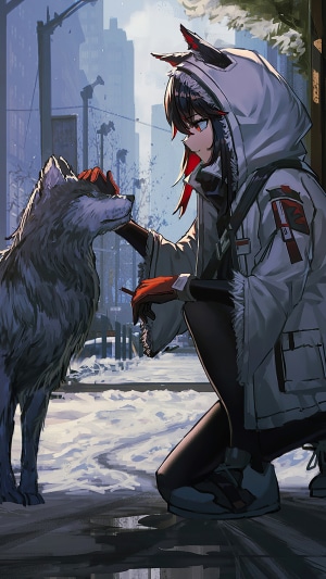 Anime girl petting a wolf in a snowy city