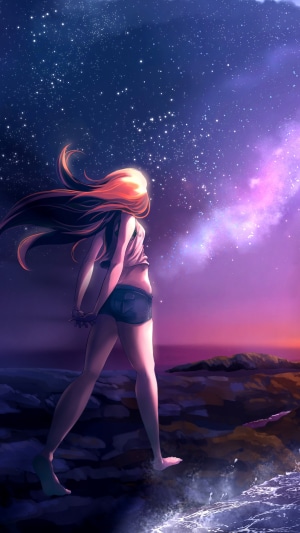 Anime girl looking at a starry sky