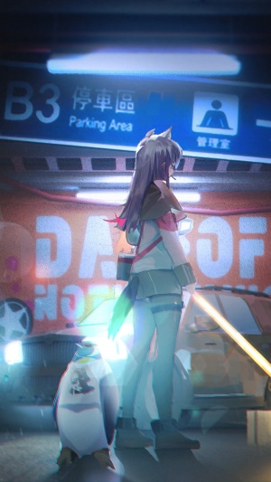 Anime girl with wolf ears and penguin companion in parking lot