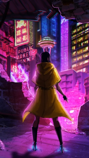 Woman in yellow coat in cyberpunk city