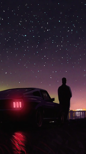 Man and Ford Mustang under starry sky