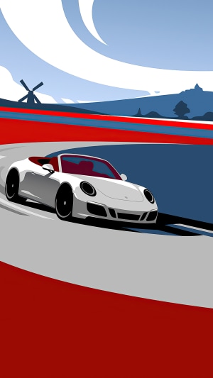 White Porsche convertible on a race track with a windmill