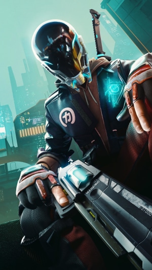 Character from Hyper Scape holding a futuristic gun