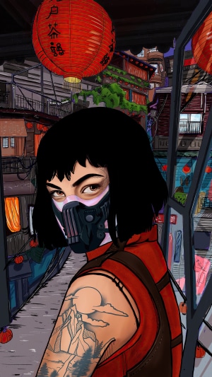 Tokyo Street Scene with Masked Woman